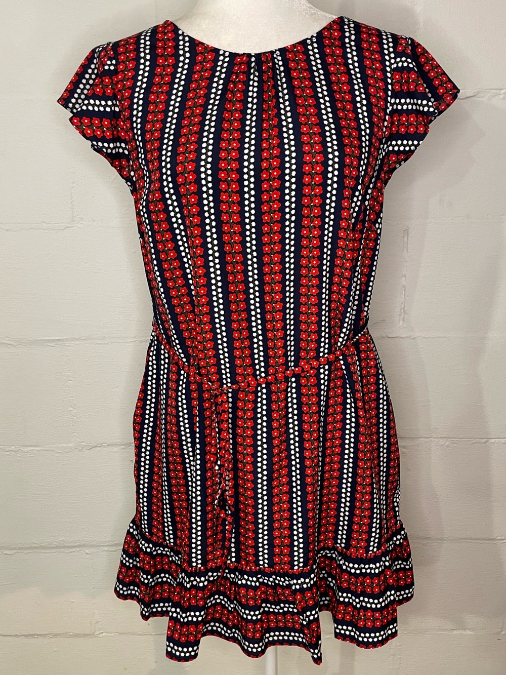 Boden Red, Navy & White Striped Floral-Print Mini Dress